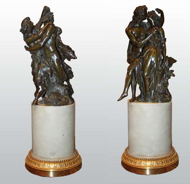 Pair of Bronze groups with brown patina attributed to J-Ph. Dumont